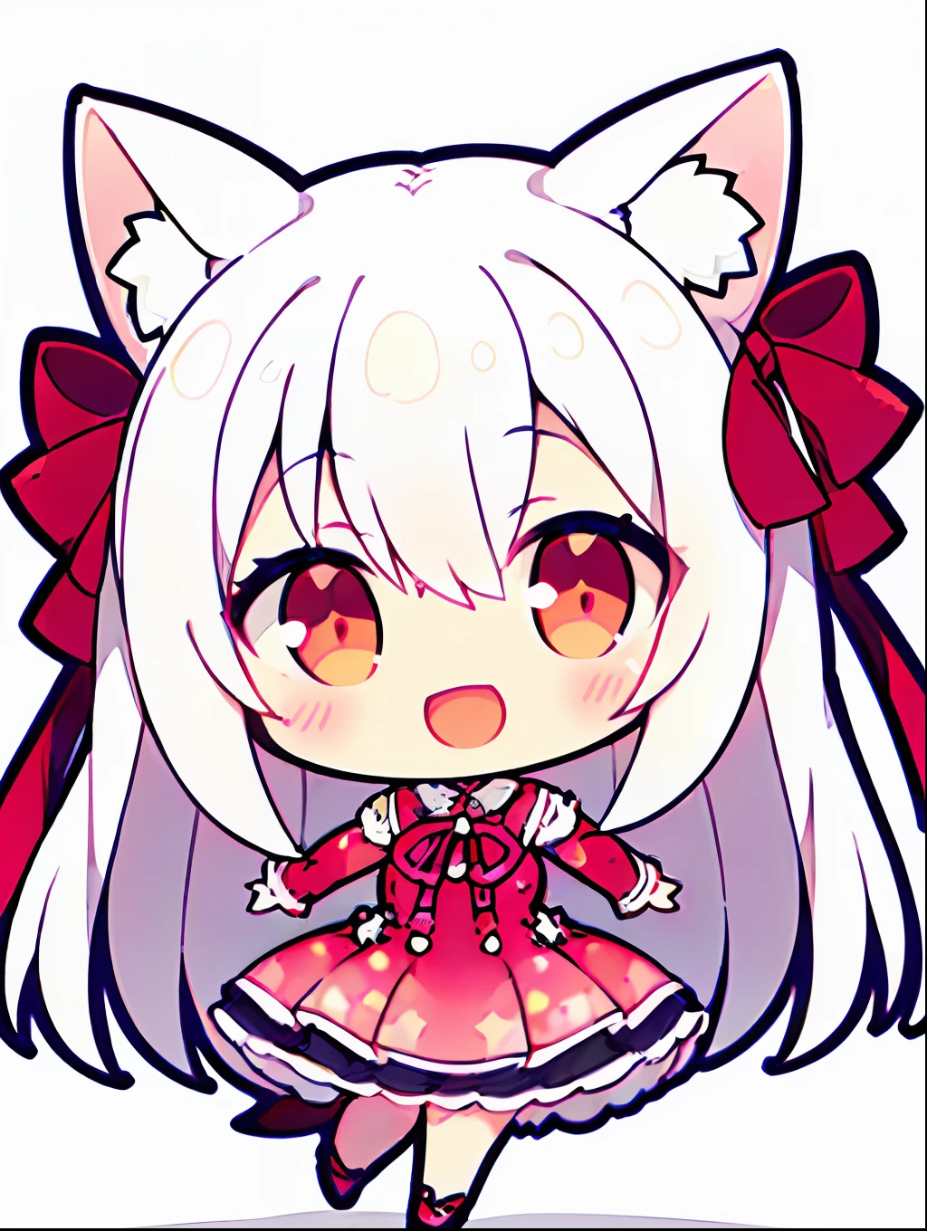 1girll, (chibi:1.3),(s whole body:1.5), ((Blank white background:1.5))
looking up at viewer, blushing, Smile, :D and, Open your mouth
(Pink monochrome spotted dress:1.2), ((white haired)), long  hair,  ((red pupil)), fox ears, fox tail, (A very large ribbon on the top of the head:1.4)
While watching the viewer,