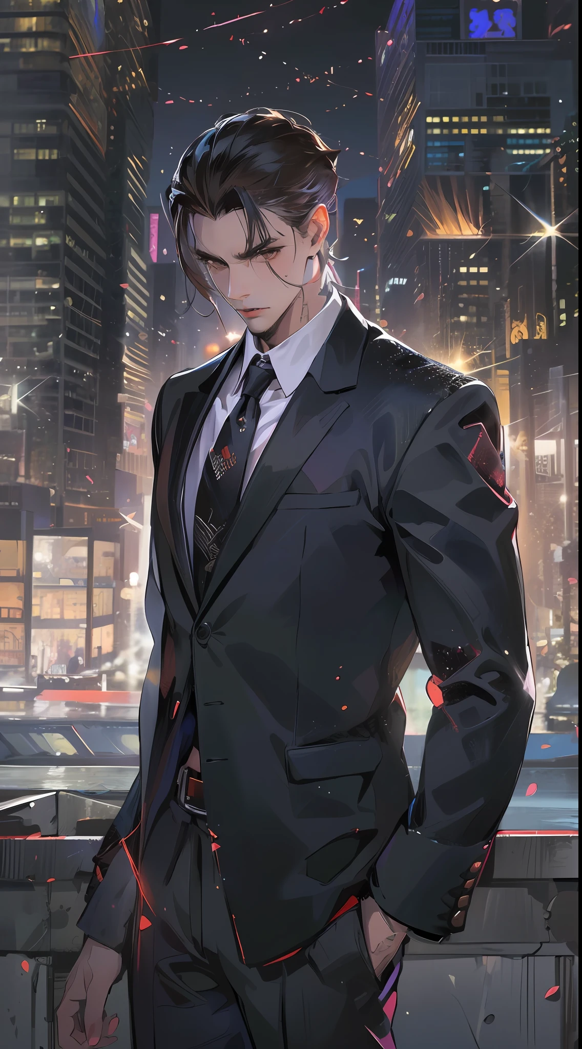 (absurdres, highres, ultra detailed, realistic, ), 1 male, solo, adult, mature, tall muscular guy, broad shoulders, handsome, very short hair, black hair, brown eyes, angular jaw, thick neck, thick eyebrows, night, dark, the night view of the city background, formal suit, necktie, upper body