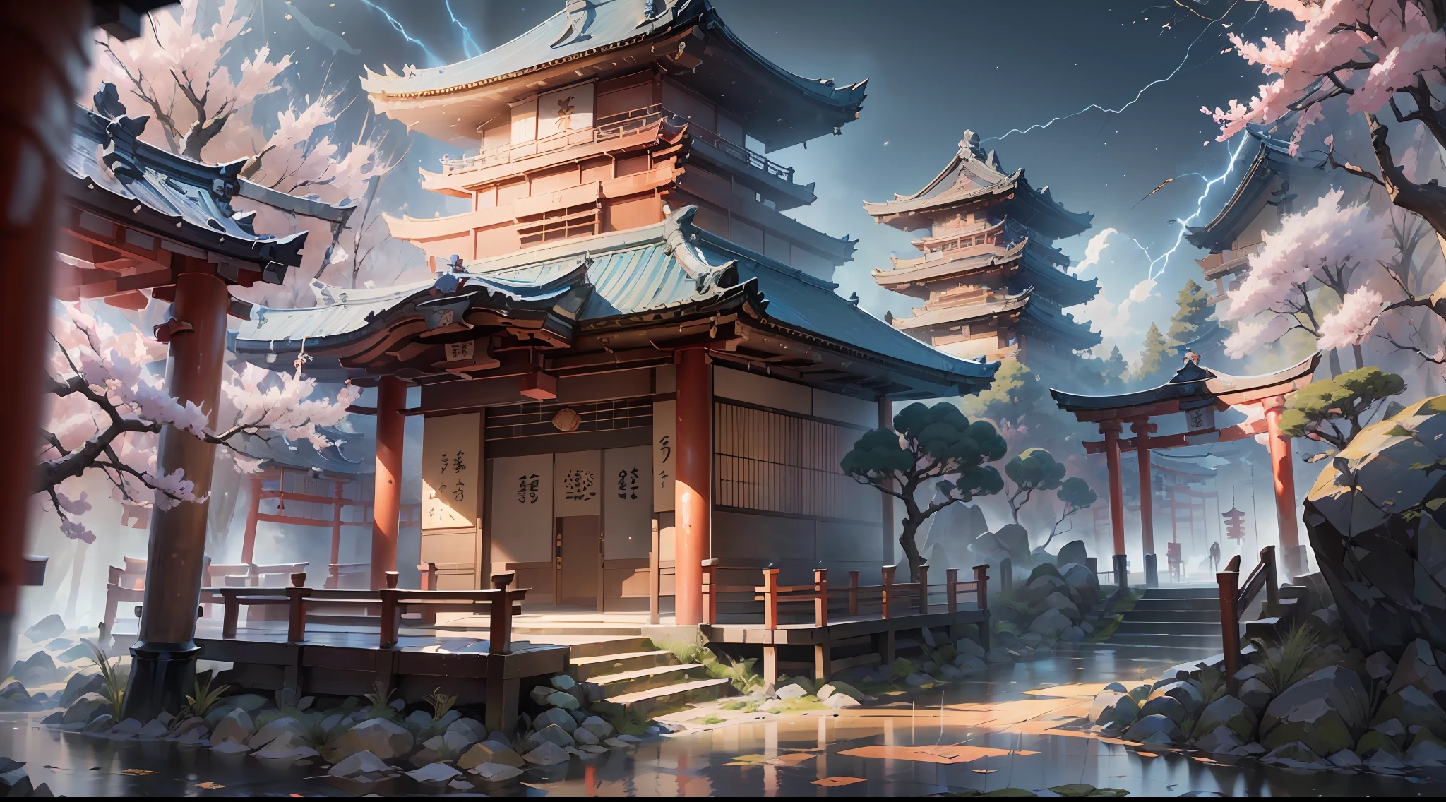 (((8K HD resolution-textured))), perfect, aesthetic, abstract, no modernity, ethnic, authentic, dynamic lightning, ((canvas-texture)) japanese edo period, there's a temple and sakura trees, there's a big and tall flat old rock ((japanese traditional ancient mural on the rock)), ((super ultra texture)), deep, sharp detail