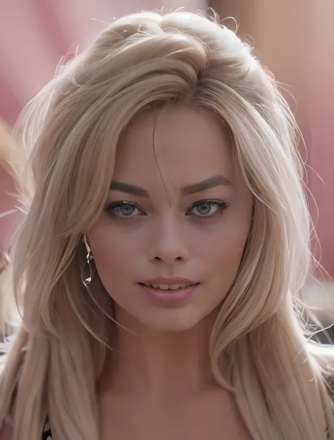 um close up de uma mulher com longos cabelos loiros e olhos azuis, retrato de margot robbie, margot robbie cara, margot robbie, ...