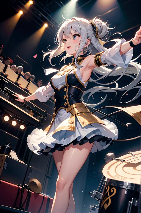 this illustration features a silver-haired girl with medium-length hair playing the drums on stage. she confidently swings the d...