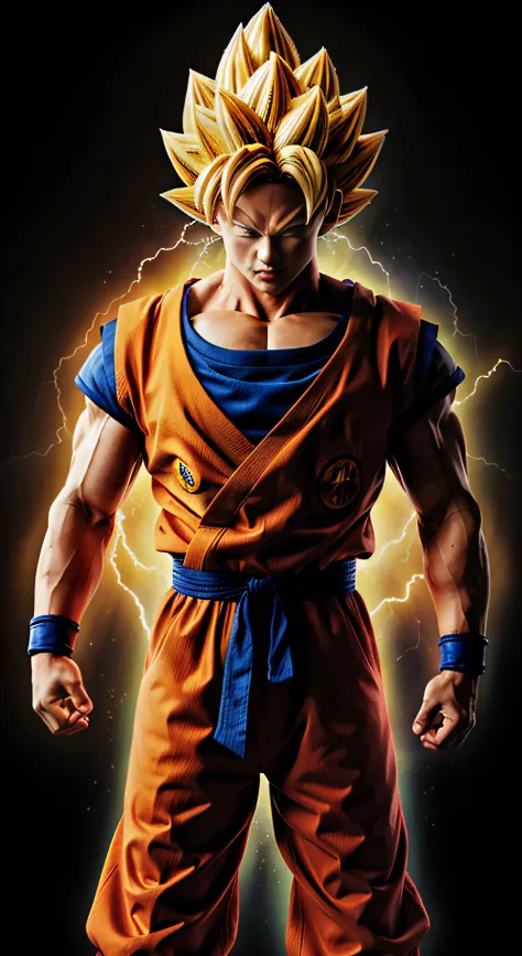 Obra-prima, Awesome, Realistic Goku Super Saiyajin, roupa do goku, olhos ferozes, olhos azuis, cabelos dourados, soltando um kam...