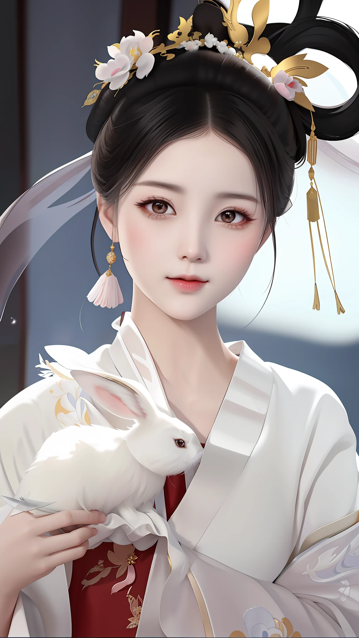 There was a woman in a white dress holding a white rabbit, Palace ， A girl in Hanfu, Beautiful character painting, Guviz-style artwork, ancient chinese beauti, Chinese girl, Traditional beauty, Beautiful digital artwork, White Hanfu, Guviz, Princesa chinesa antiga, Chinese style, China Princess, a beautiful fantasy empress, a beautiful anime portrait