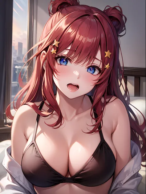 Best quality, masterpiece, ultra high res, 1girl yawning sleep in bed,, red hair, black bra, bitch, micro bikini, in bad, white T-shirt, star hairpins