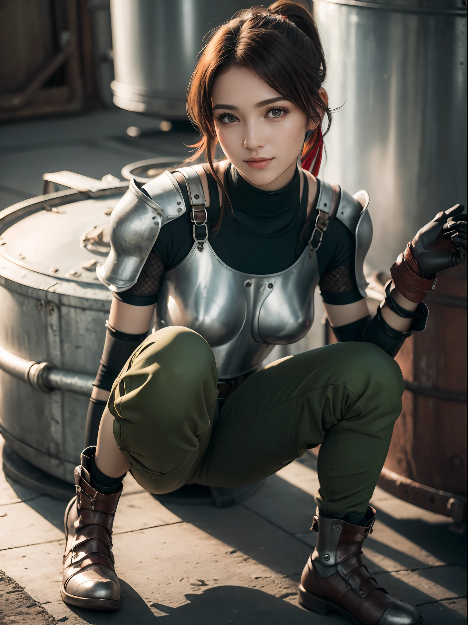 (masterpiece, best quality:1.4), (full body:1.5), (sitting on a big metalic water tank:1.2), 1girl, solo, (european youth:1), jessie rasberry, headband, armor, blue bodysuit, belt, fingerless gloves, green pants, boots, full body, looking at viewer, sexy smile, beautiful face, highly detailed face, highly detailed skin, skin pores, in a metallurgy fabric, subsurface scattering, realistic pupils, small breast, full face blush, full lips, detailed background, depth of field, volumetric lighting, sharp focus, absurdres, realistic proportions, good anatomy, (realistic, hyperrealistic:1.4), 16k hdr,