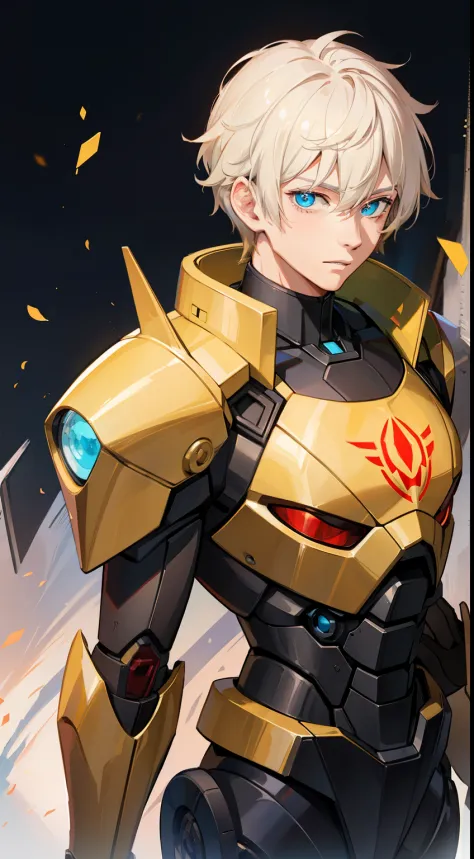Young guy, short blonde hair, Cyan eyes, Autobot's red armor, Masterpiece, hiquality