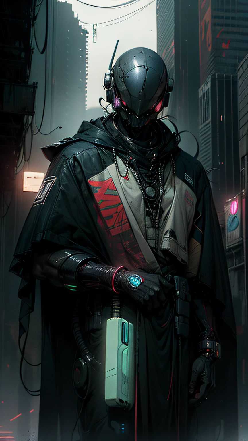 罗伯特·德普德·兰杰 (Robort Derpd Ranger) 为 Scifi Mega Corporation 工作, 巡逻街道的精英企业执法者, 穿着多色长袍斗篷, 公司办事处,赛博朋克场景, 繁忙的街, 霓虹灯, 红色塑料衣