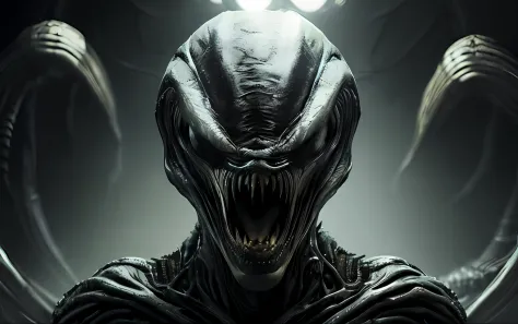The alien from the movie 'Alien', ( ( ( alien ) ) ), Xenomorfos, From the Aliens franchise, preto xenomorfo brilhante  (Cinematographic photo:1.3) de (Ultra detalhado:1.3) Alien\ (covenant 2017\), epic, olhar raivoso, dentes afiados,olhar feroz, Dynamic St...