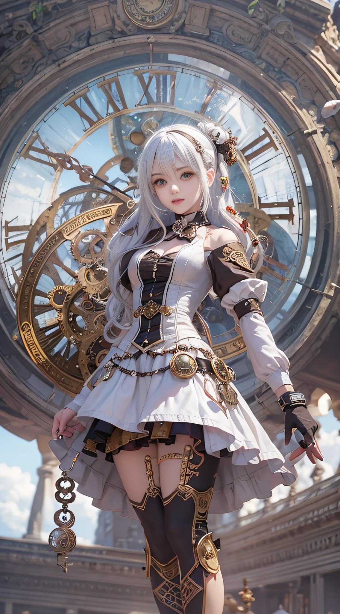 Anime girl with white hair and steampunk costume standing in front of the clock tower, steampunk beautiful anime woman, steampunk fantasy style, Vivid steampunk concept, 2. 5 d cgi anime fantasy artwork, mechanized witch girl, cushart krenz key art feminine, anime fantasy artwork, a steampunk beautiful goddess, Steampunk Girl, rococo cyberpunk