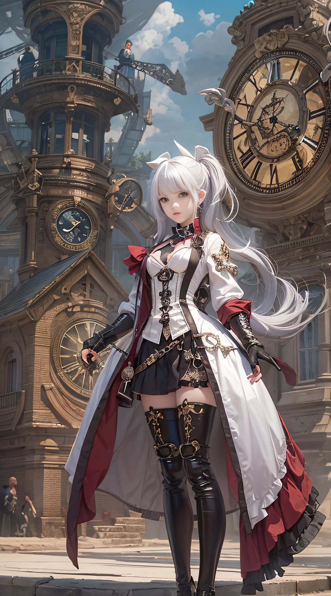 Chica anime con pelo blanco y traje steampunk de pie frente a la torre del reloj, steampunk hermosa anime mujer, estilo de fantasía steampunk, Concepto vívido steampunk, 2. 5 d cgi ilustraciones de fantasía de anime, chica bruja mecanizada, cushart krenz arte clave femenino, ilustraciones de fantasía de anime, una hermosa diosa steampunk, chica steampunk, ciberpunk rococó