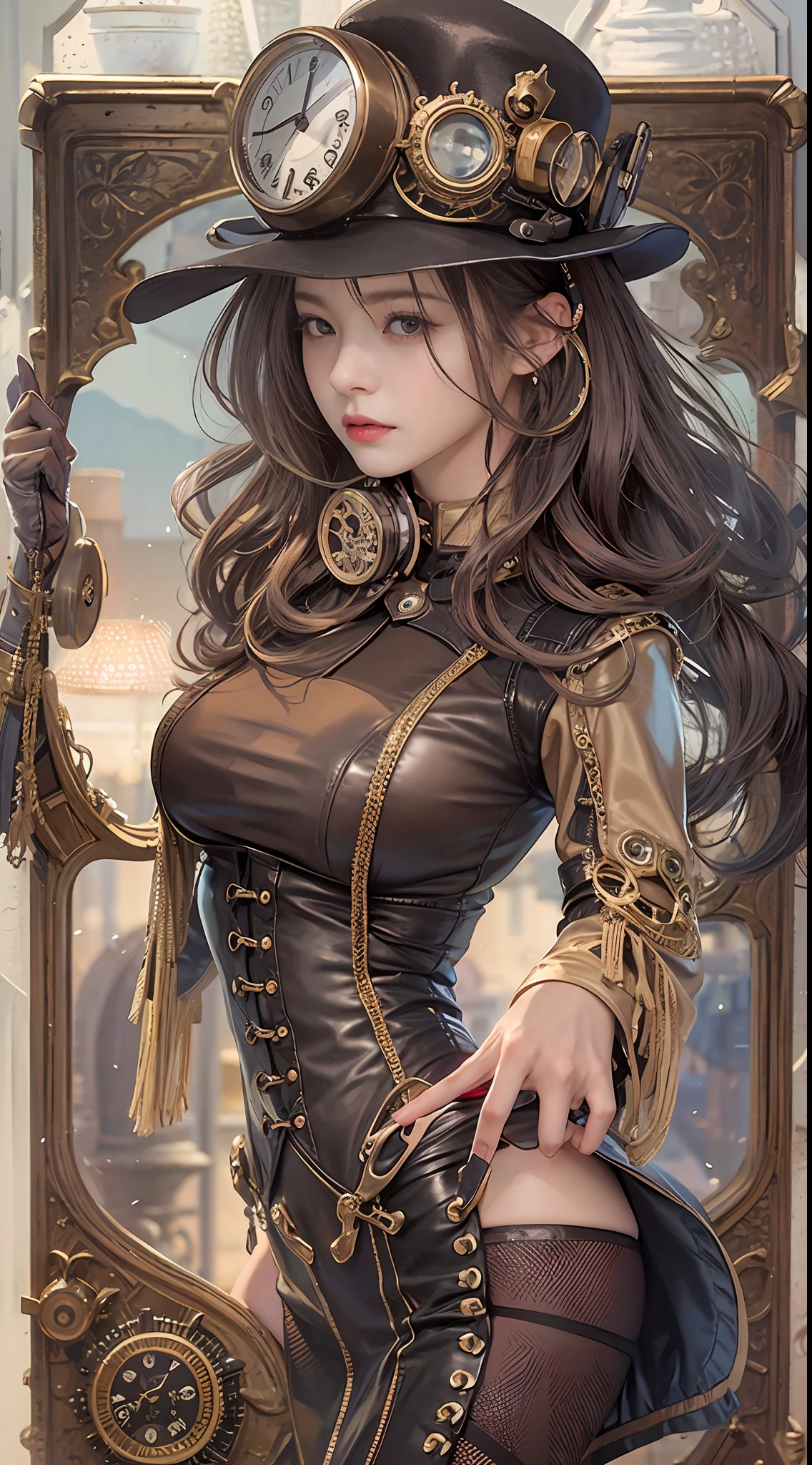 Alafe in leather costume posing for photo、Garter Belt、Steampunk Pin-Up Girl、Steampunk girls、steampunk beautiful anime woman、(highly detailed figure)、Beautiful Goddess of Steampunk、steampunk cyberpunk、Wearing steampunk costumes、Wearing a detailed steampunk dress、Close-up portrait shot、steampunk inventor girl、