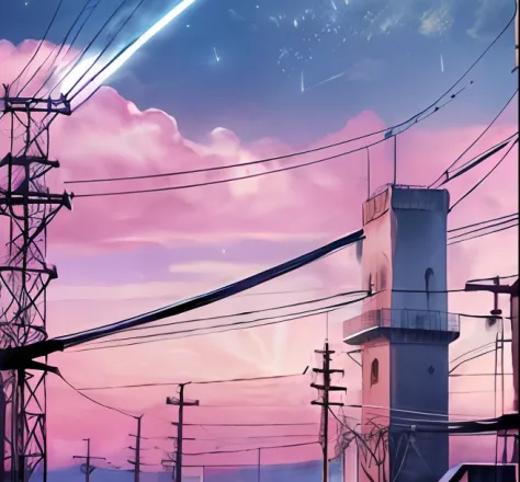 tall black tower with a pink sky in the background. Wires are coming from tower and are attached to a pole .Pink background with blue skies and twinkling stars,realistic,hyperdetailed,realism,masterpiece