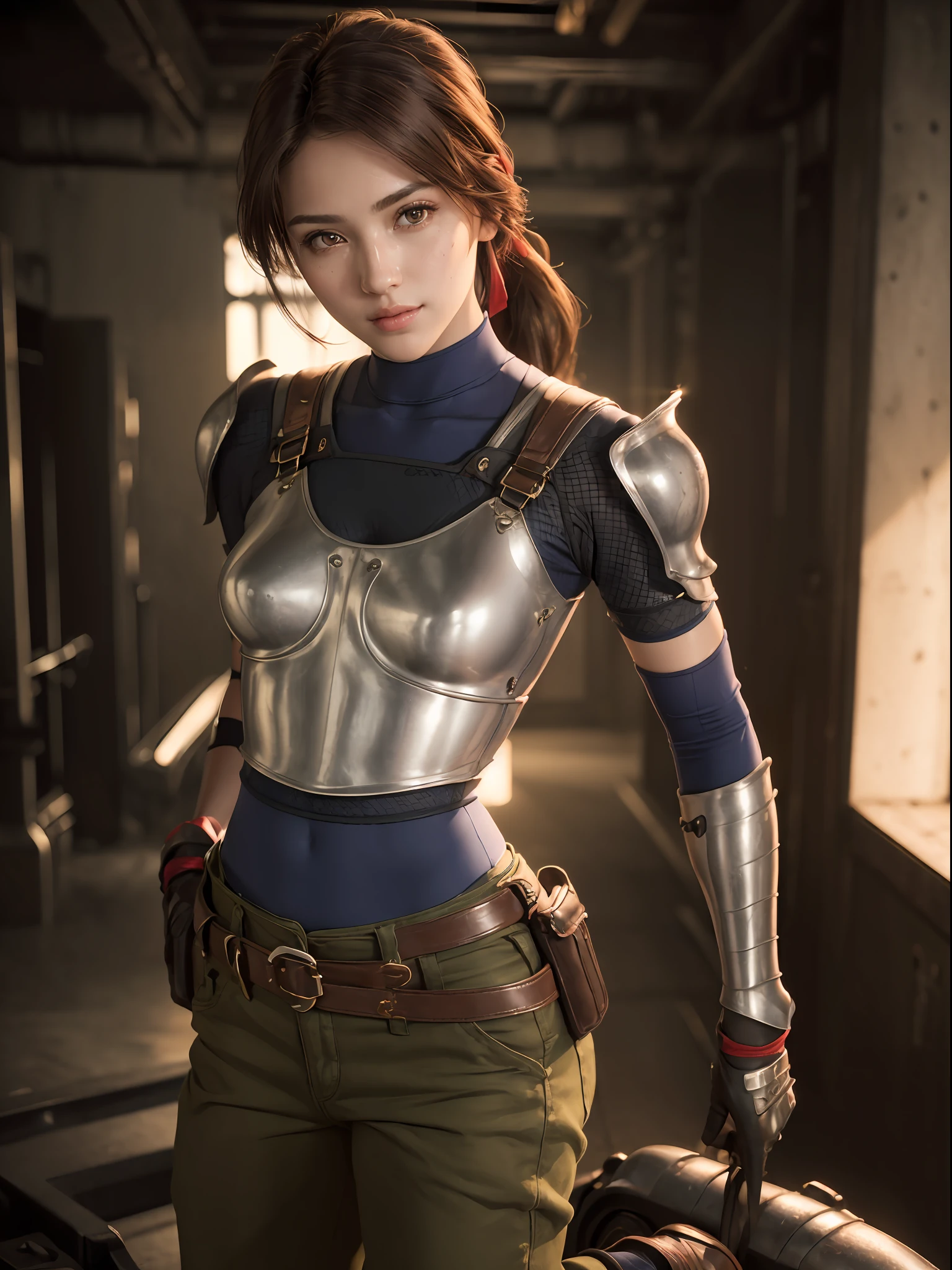 (masterpiece, best quality:1.4), (full body:1.5), (ready to figh pose:1.5), (1girl, solo:1.5), (european youth:1), jessie rasberry, headband, armor, blue bodysuit, belt, fingerless gloves, green pants, looking at viewer, sexy smile, beautiful face, highly detailed face, highly detailed skin, skin pores, in a metallurgy fabric, subsurface scattering, realistic pupils, small breast, full face blush, full lips, detailed background, depth of field, volumetric lighting, sharp focus, absurdres, realistic proportions, good anatomy, (realistic, hyperrealistic:1.4), 16k hdr,