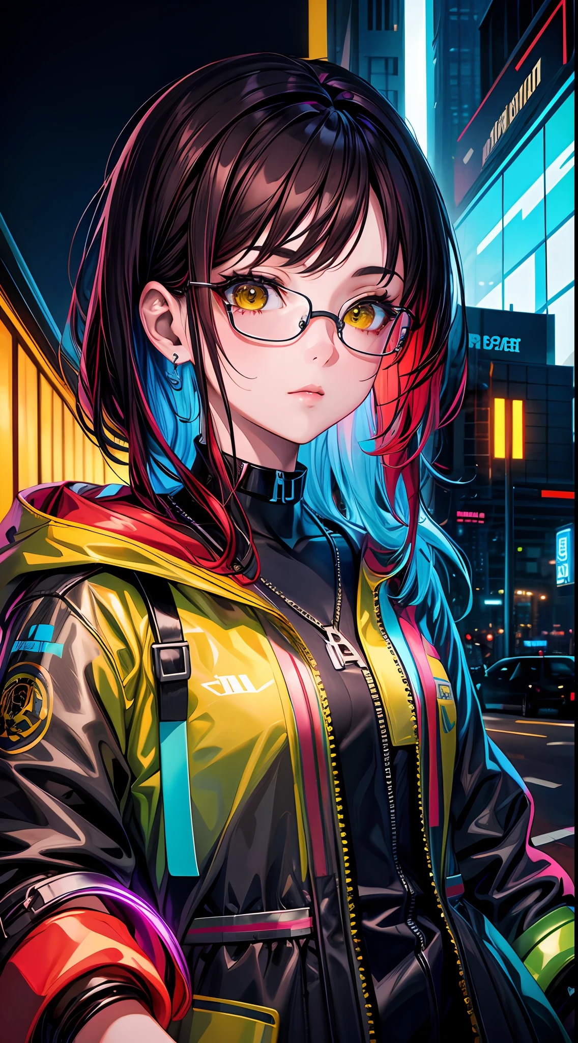 Masterpiece, highest quality, realistic, subsurface scattering, chromatic lighting, colorized, red + yellow + green + blue limited color palette, detailed concept drawing, line-art, illustration, cyberpunk, 18yo 1girl, confident, holographic skyline, data glasses, bioluminescent tattoos, floating vehicles, corporate district, advanced tech, midnight intrigue, (CLOSE UP)