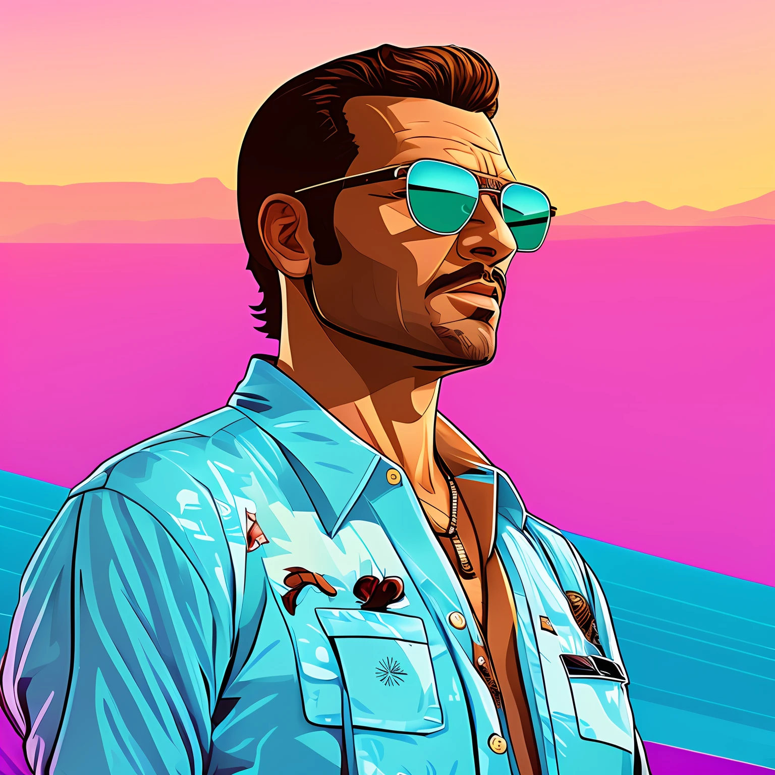 primer plano, de, un, hombre, llevando, gafas de sol, y, un, camisa, Art in the style of GTA Vice ciudad, Estilo artístico de GTA Vice ciudad, Estilo artístico de GTA, Arte GTA, Estilo de portada de GTA V, Supera el estilo artístico., Cinematografía colorida, Estilo artístico de GTA, Vice ciudad, Portada 2D del juego GTA, Portada 2D del juego GTA, Fondo de pantalla del teléfono HQ 4k