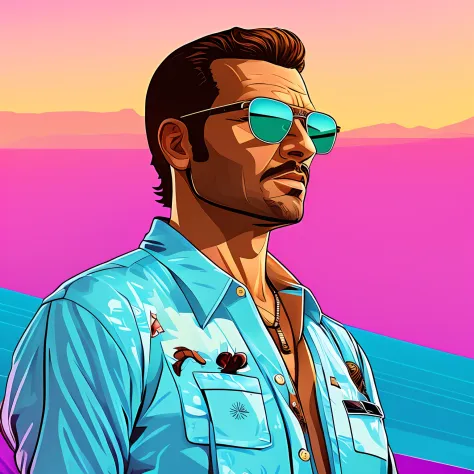 Close-up of a man wearing sunglasses and a shirt, Art in the style of GTA Vice City, Art style of GTA Vice City, Art style of GTA, Art GTA, Стиль обложек GTA V, Surpass the art style, Colorful cinematography, Артстиль GTA, Vice City, 2D cover of the GTA game, 2D cover of the GTA game, HQ 4K Phone Wallpaper