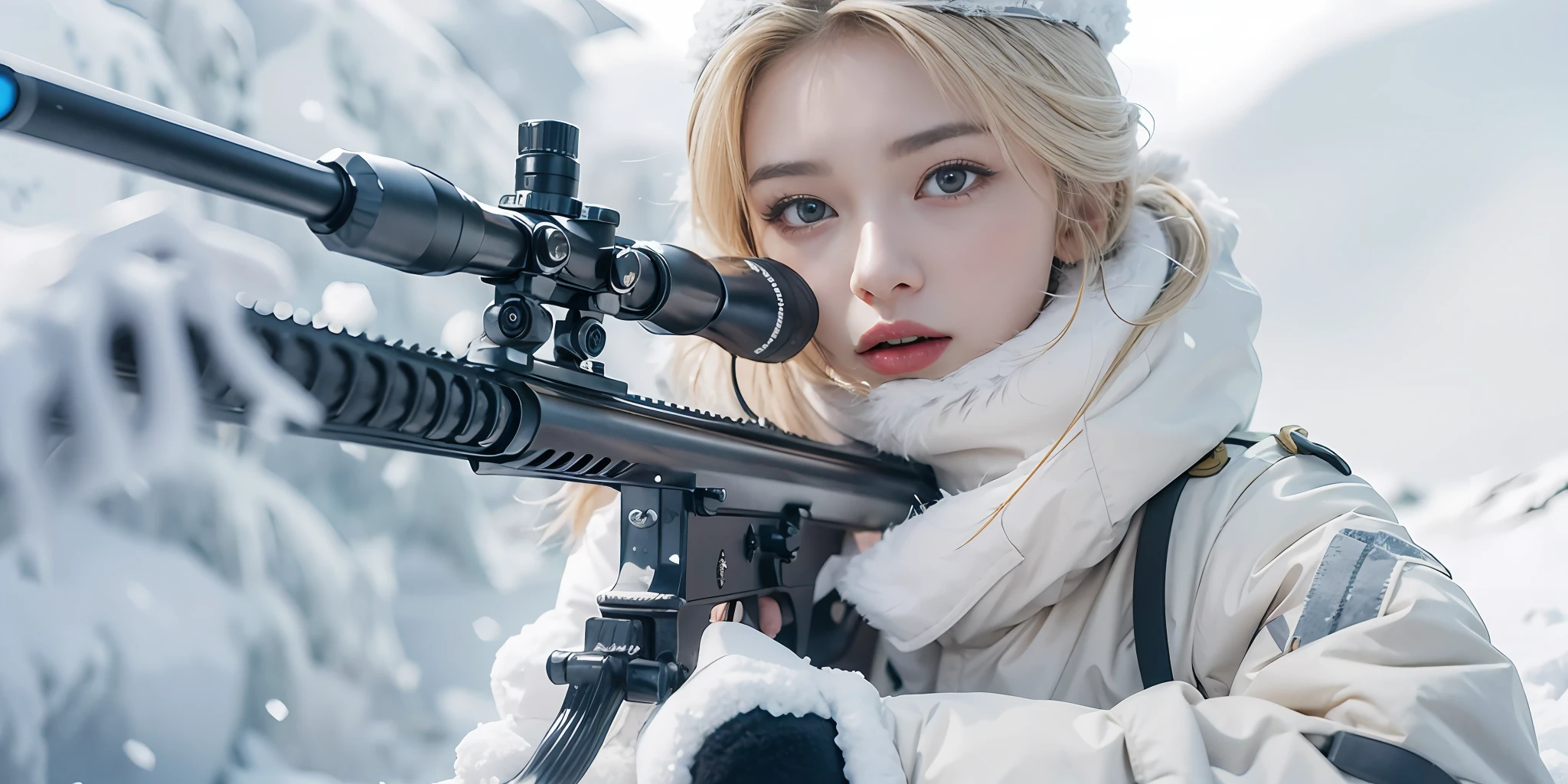 Belleza sosteniendo un rifle de francotirador en la nieve apuntando con un uniforme militar blanco como la nieve