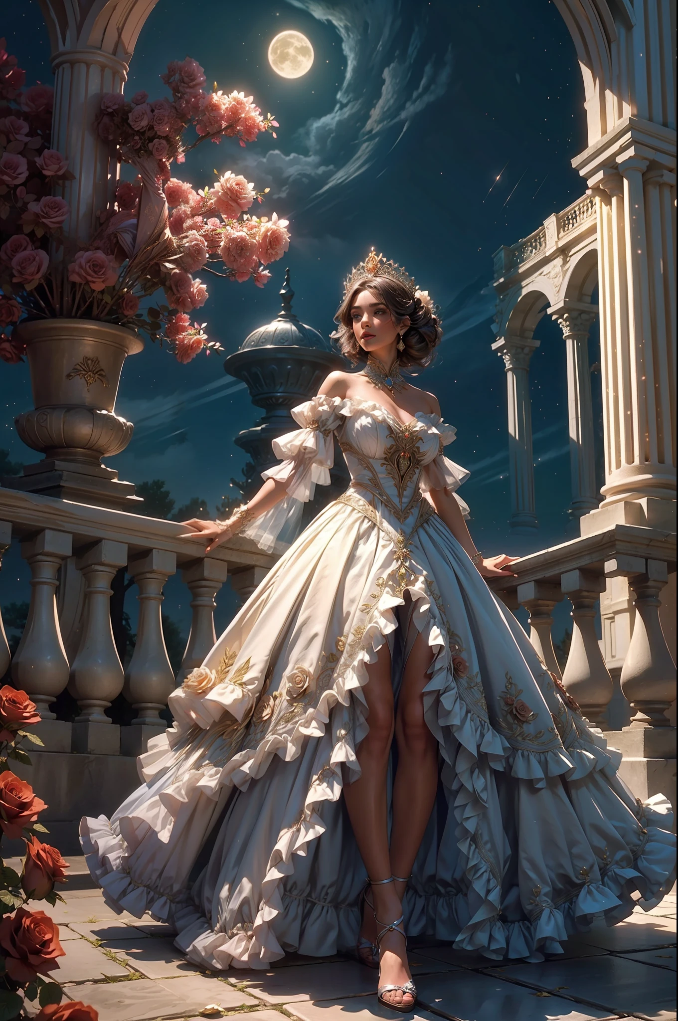 The most beautiful rose bush imaginable and an incredibly elegant young woman, superbly hairstyled, Espectacularmente maquillada y con un vestido deslumbrantemente fabuloso. In a dream garden on a magical night. (obra maestra) (mejor calidad)