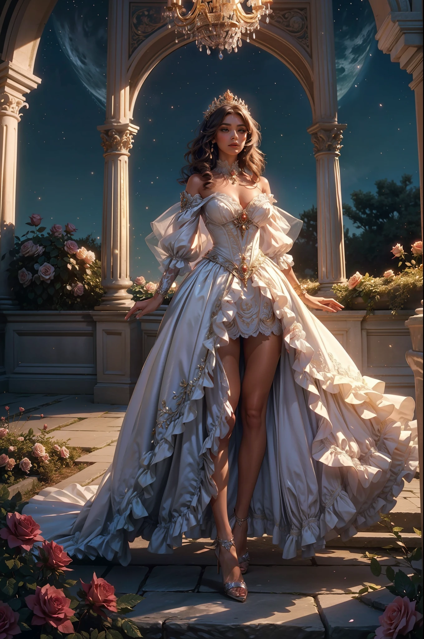 The most beautiful rose bush imaginable and an incredibly elegant young woman, superbly hairstyled, Espectacularmente maquillada y con un vestido deslumbrantemente fabuloso. In a dream garden on a magical night. (obra maestra) (mejor calidad)