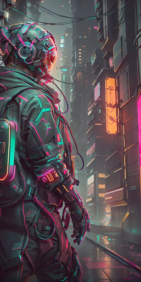 (obra-prima, foto de corpo inteiro, intrinsic raw photography)Cyberpunk citizen in Oversize techwear, usando um capacete preto estilo astro daftpunk, detalhes de luz neon verde, intrincado, futurista, nitidez, pose ramdom, cyberpunk city, luzes de neon de ...