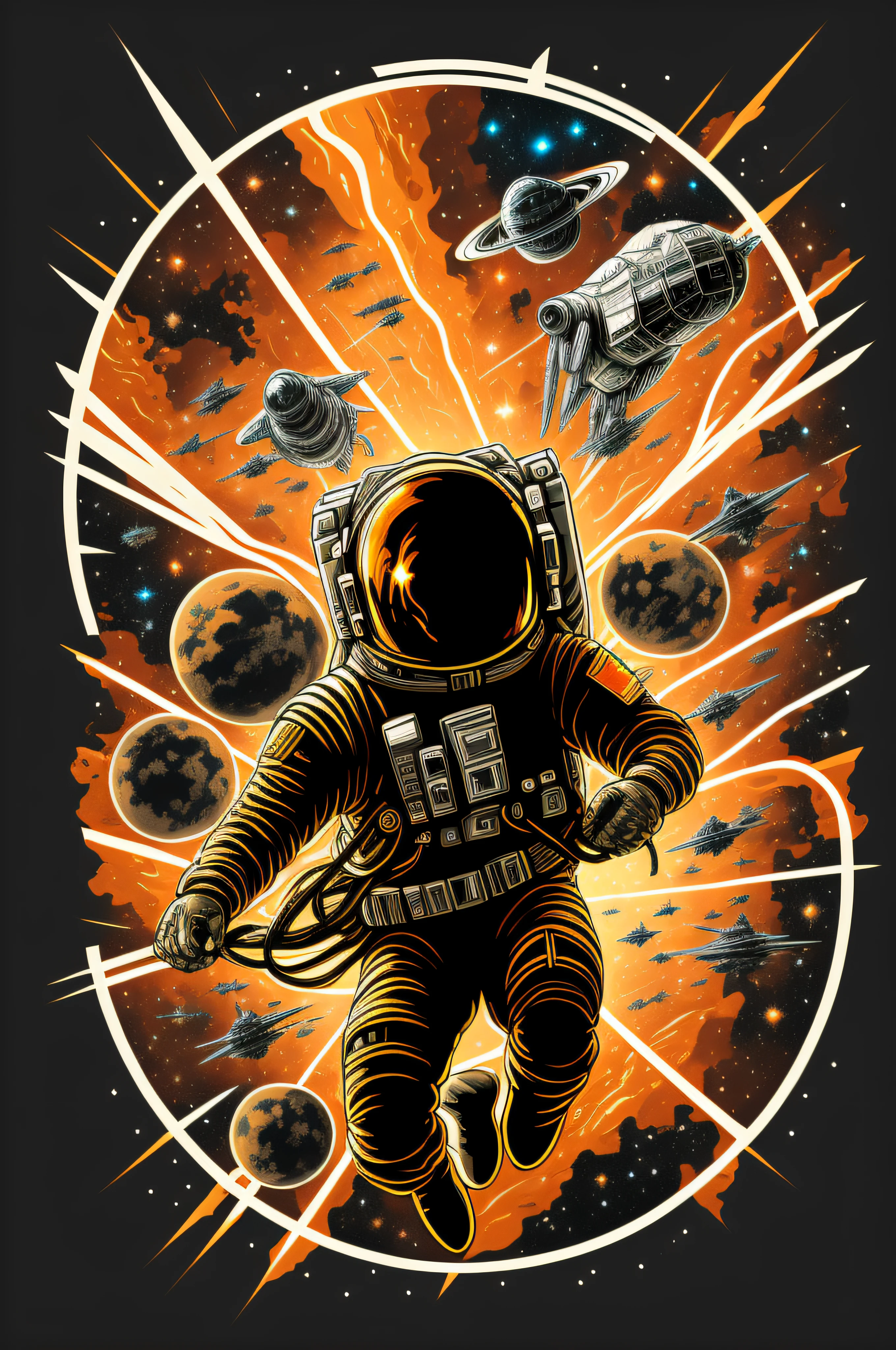 A t–shirt design, a space fighter ship jumping into hyperspace, centered, high detailed, high quality, high definition, vector, no logos, no watermarks, clean background, black frame, as t-shirt logo