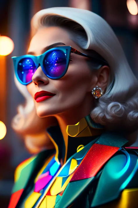 (Fashionista portrait middle-aged 1950s woman with intricate colorful modern bright colored glasses), cabelo fofo c0lorful, Smil...