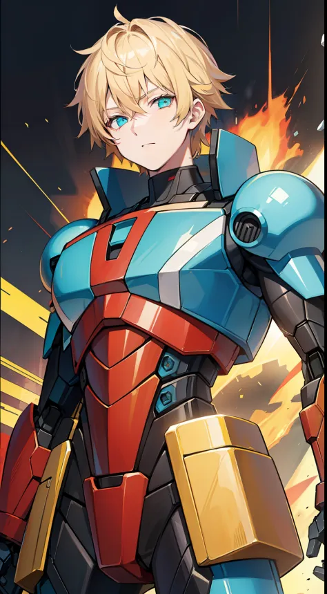 Young guy, short blonde hair, Cyan eyes, Autobot's red armor, Masterpiece, hiquality