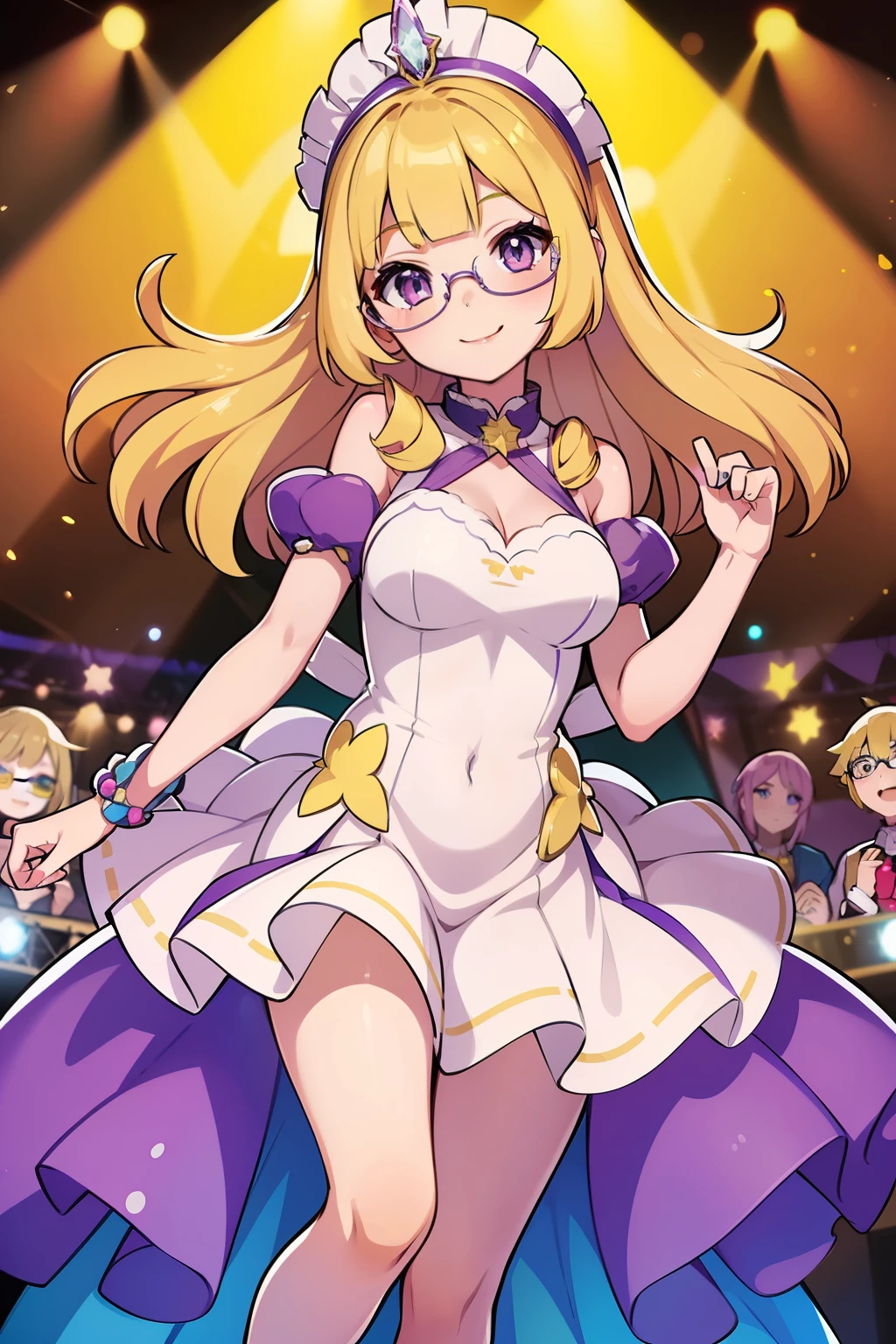 bust art of a cute anime girl, 1girl, yellow blonde hair, ((blue-purple eyes)), (knee-length beauty pageant outfit), modest outfit, oval glasses, (white sundress), performing on stage, dynamic pose, cute face, beautiful smile, pokemon girl, southern belle, 12 years old