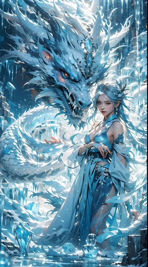 (((1girll)))，（Perfect facial features：1.4），Wearing ancient Chinese Han costumes，icey，ice wings，Splashed liquid，Wavy liquid，airbubble，standing on water，There is a huge ice dragon behind him，drak，wave，Blue glow，（Frost wings），(((Powerful ice magic)))，(((Icicl...