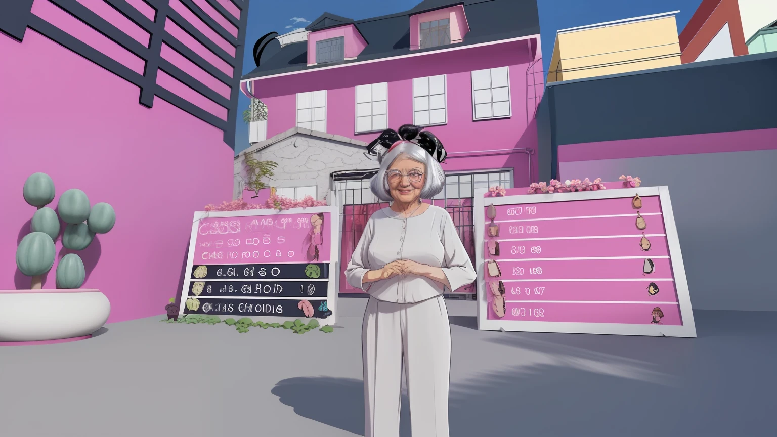 Oma mit Bob im Haar, rosa Haus im Hintergrund, Cartoon-Stil, Anime-Stil