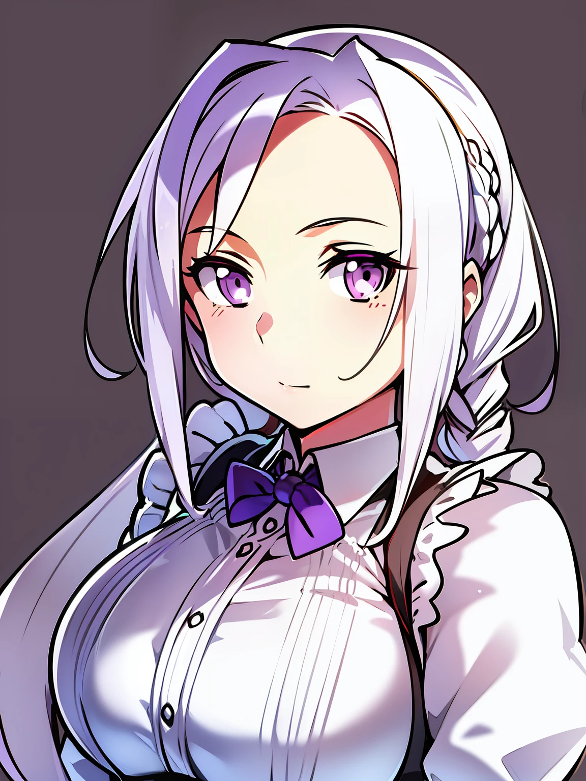 Masterpiece, Best quality, ((Portrait)), 1girll, (Upper body), standing,Long hairs, Braids, Large breasts, Simple background,(fleshy body), (Curvy body), Good hands, good eyes,(Beautiful purple eyes), maid, (Platinum hair), Text,