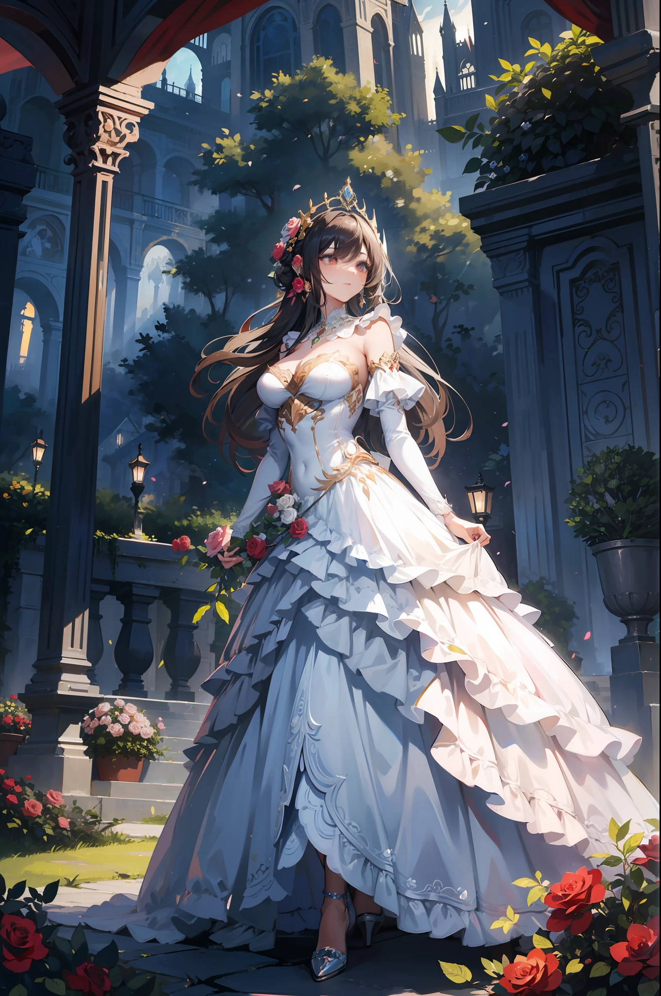 The most beautiful rose bush imaginable and an incredibly elegant young woman, superbly hairstyled, Spectacularly made up and wearing a dazzling dress in golden colors, fabulous black and gray. In a dream garden on a magical night. (Masterpiece) (Best Quality)
