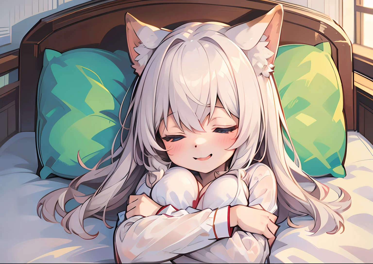 (High quality, Best Quality, anthro:1.4), (detailed closeup solo waist up body portrait of a mature female catgirl sleepeace wearing white pajamas with head on pillow:1.2), Arms crossed, depth of fields, White cat ears, White cat tail, White fur, White skin, white tuft, Cute face, medium breasts, well-drawn hands, an legs, Cozy, Eyes closed, Indoors, Bedroom,