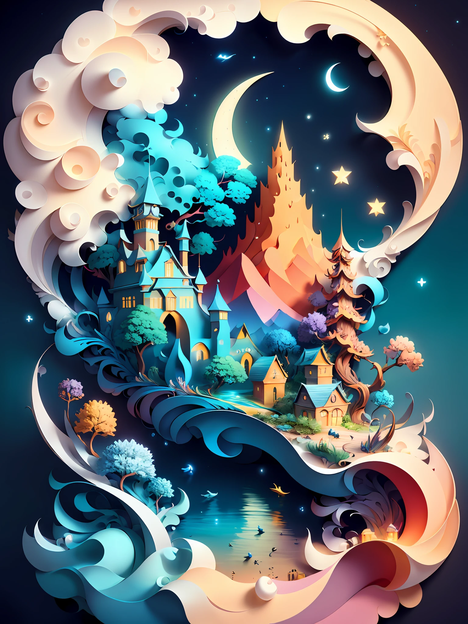 (((masterpiece))),best quality, illustration,  sky, cloud, water, star \(symbol\), tree, no humans, night, bird, moon, building, star \(sky\), night sky, scenery, starry sky, watercraft, castle, ship, waves, tower, boat. vibrant color scheme, Soft light,(warm color:1.2),Water color painting, light background, best quality exquisite details,3d rendering,Octane render, pastel, paper_cut