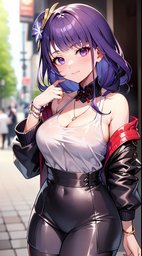 raiden_genshin, a woman with beautiful long purple hair and dazzling purple eyes appears in a cool and stylish outfit. This woma...