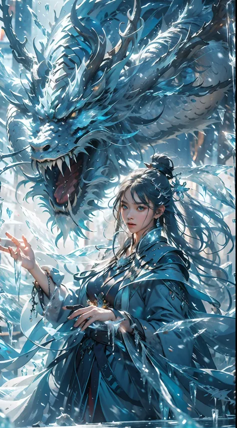 (((1girll)))，（Perfect facial features：1.4），Wearing ancient Chinese Han costumes，icey，ice wings，Splashed liquid，Wavy liquid，airbubble，standing on water，There was a huge ice dragon behind him，drak，wave，Blue glow，（Frost wings），(((Powerful ice magic)))，(((Icic...