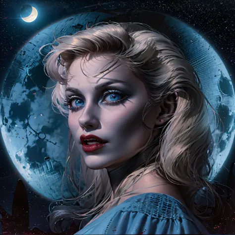 mujer vampiro hermosa , rubia, ojos azules, cuerpo sexy,  cuerpo atletico, plano medio, con la luna de fondo caminando en las ca...