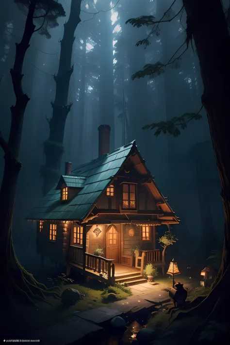 In the heart of a dense and mysterious forest, there lived a wise and elderly grandma in a quaint treehouse nestled among the branches. The forest is alive with bioluminescent plants, casting an ethereal glow on the scene.