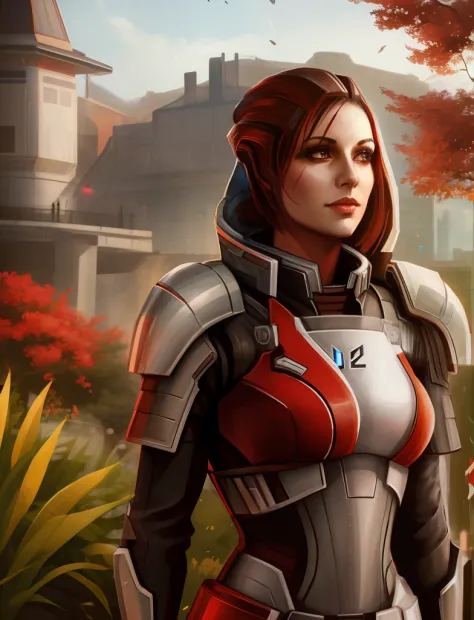 Nahaufnahme einer Frau in einem futuristischen Anzug, standing in front of a building, femshep, Kommandant Shepard, Wearing Mass...