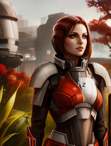 Nahaufnahme einer Frau in einem futuristischen Anzug, standing in front of a building, femshep, Kommandant Shepard, Wearing Mass...