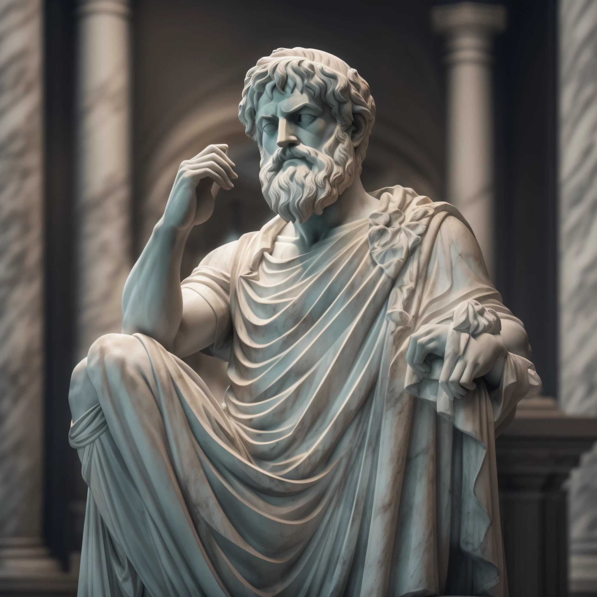 Eine realistische griechische Statue aus weißem Marmor des nachdenklichen, tapferen Aristoteles mit einer geisterhaften Toga, neutraler Hintergrund, launisch, , fotorealistisch, nachdenkliches Filmdinner, super detailliert, Hyperrealistisch, helle Lichter, 8 K