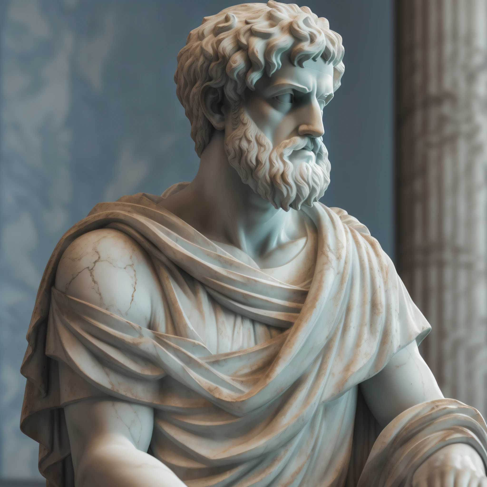 A realistic Greek white marble statue of thoughtful brave Aristotle detailed wearing a ghostly toga, fundo neutro, Moody, , fotorrealista, thoughtful movie dinner, super detalhada, hiper realista, luzes brilhantes, 8 K