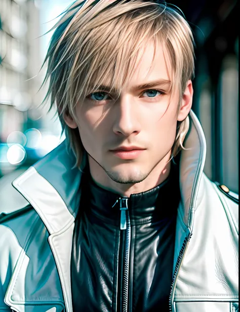 masterpiece, highest quality, RAW, style, A stunning half-body portrait of a handsome man, light hair, pale skin, vibrant blue e...