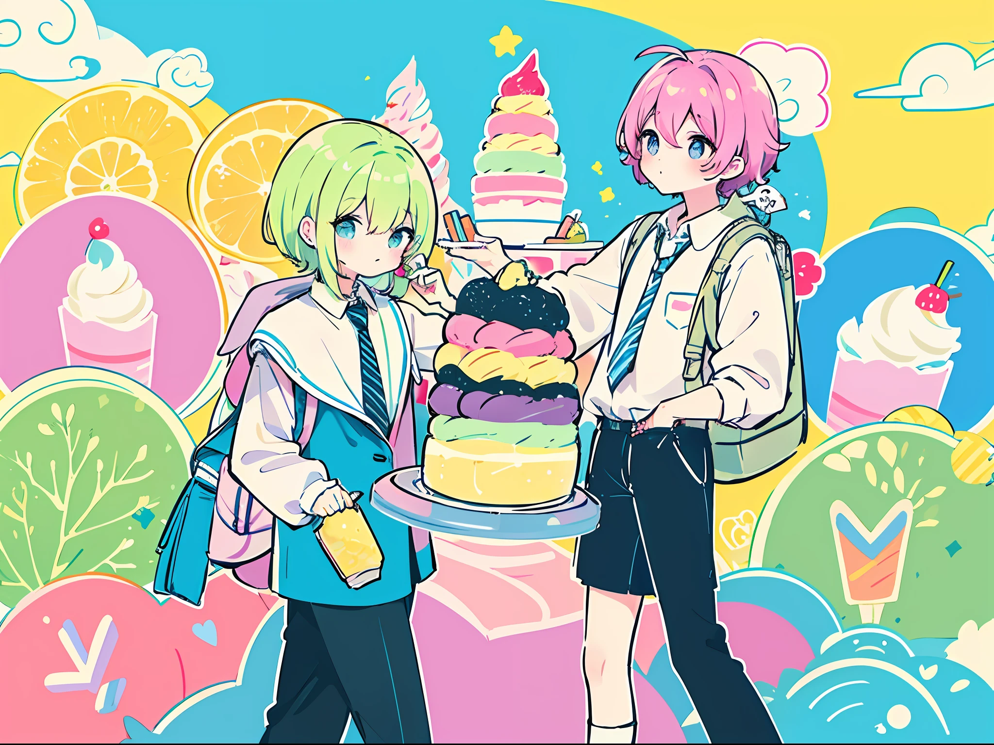 ​masterpiece, handdraw, Pop illustrations, Pop colors, PastelColors, colourfull, 1boy, a high school boy, Chibi, After school,Eat while walking, Ice Cream Tower, Looks fun