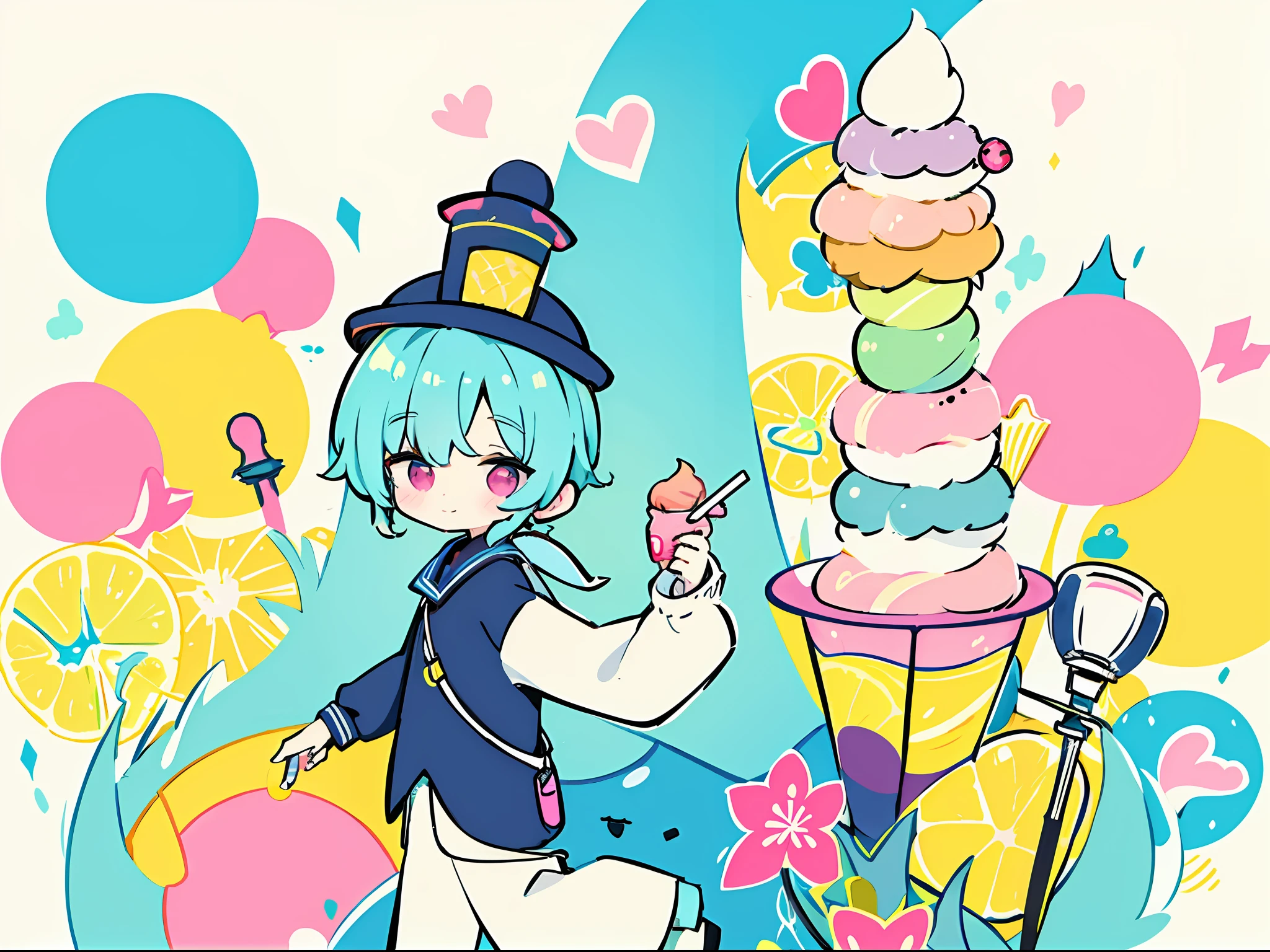 ​masterpiece, handdraw, Pop illustrations, Pop colors, PastelColors, colourfull, 1boy, a high school boy, Chibi, After school,Eat while walking, Ice Cream Tower, Looks fun