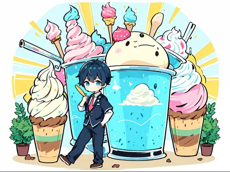 ​masterpiece, handdraw, Pop illustrations, Pop colors, PastelColors, colourfull, 2boy, a high school boy, Chibi, After school,Ea...