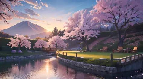 (masterpiece, best quality:1.2), ultra detailed, cinematic lighting, HDR, ilustration, park,river,1chair, sunrise,  cherry blossom, impressive, chill, inspirational,