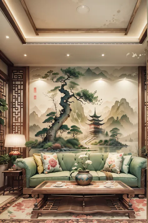 there is a mural behind the sofa in the chinese living room，water ink，scenecy