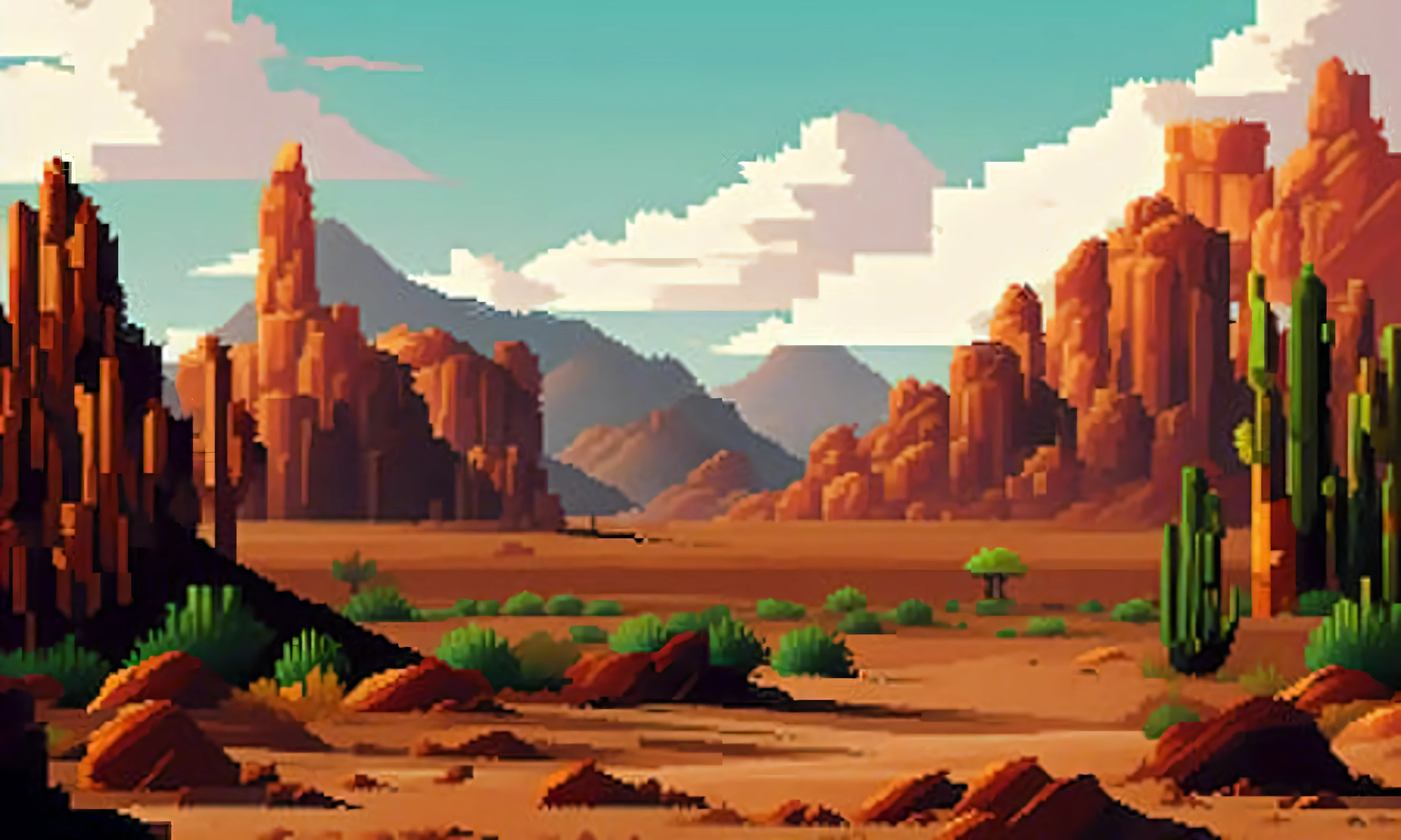 pixelart photorealistic stylized A photo of a desert landscape with red sand dunes, a cactus, and a distant mesa., video game concept art