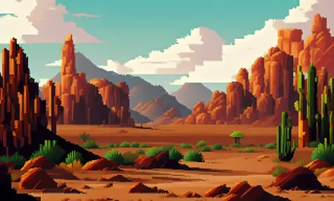 pixelart photorealistic stylized a photo of a desert landscape with red sand dunes, a cactus, and a distant mesa., video game co...